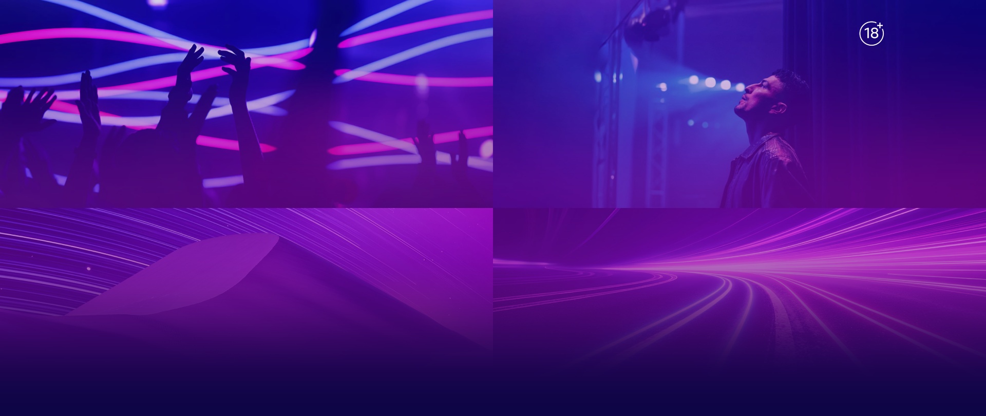 Wide panoramic digital artwork showing a purple futuristic landscape with glowing light trails, abstract mountains, a city bridge, and illuminated desert tents